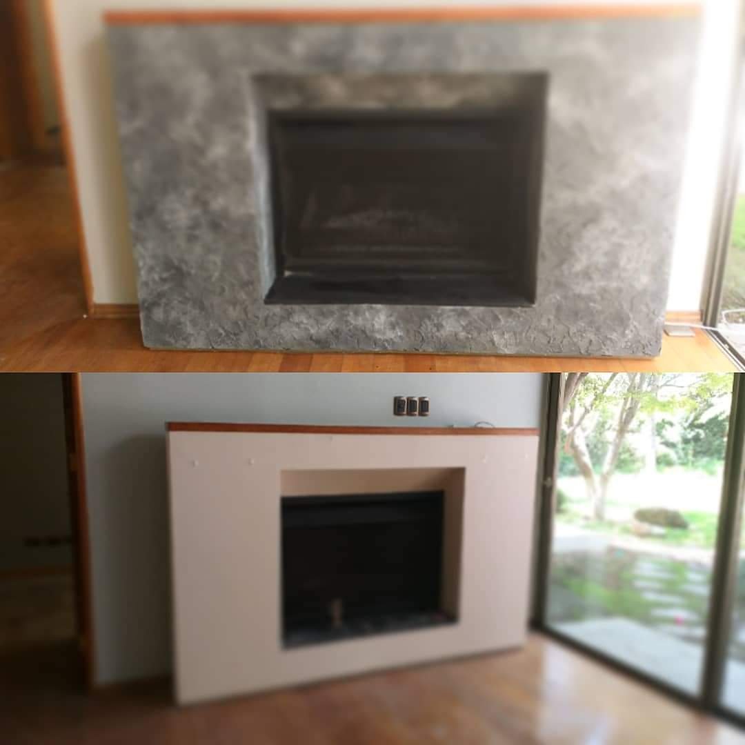 Antes y despues de chimenea con pintura decorativa efecto piedra, La Reina