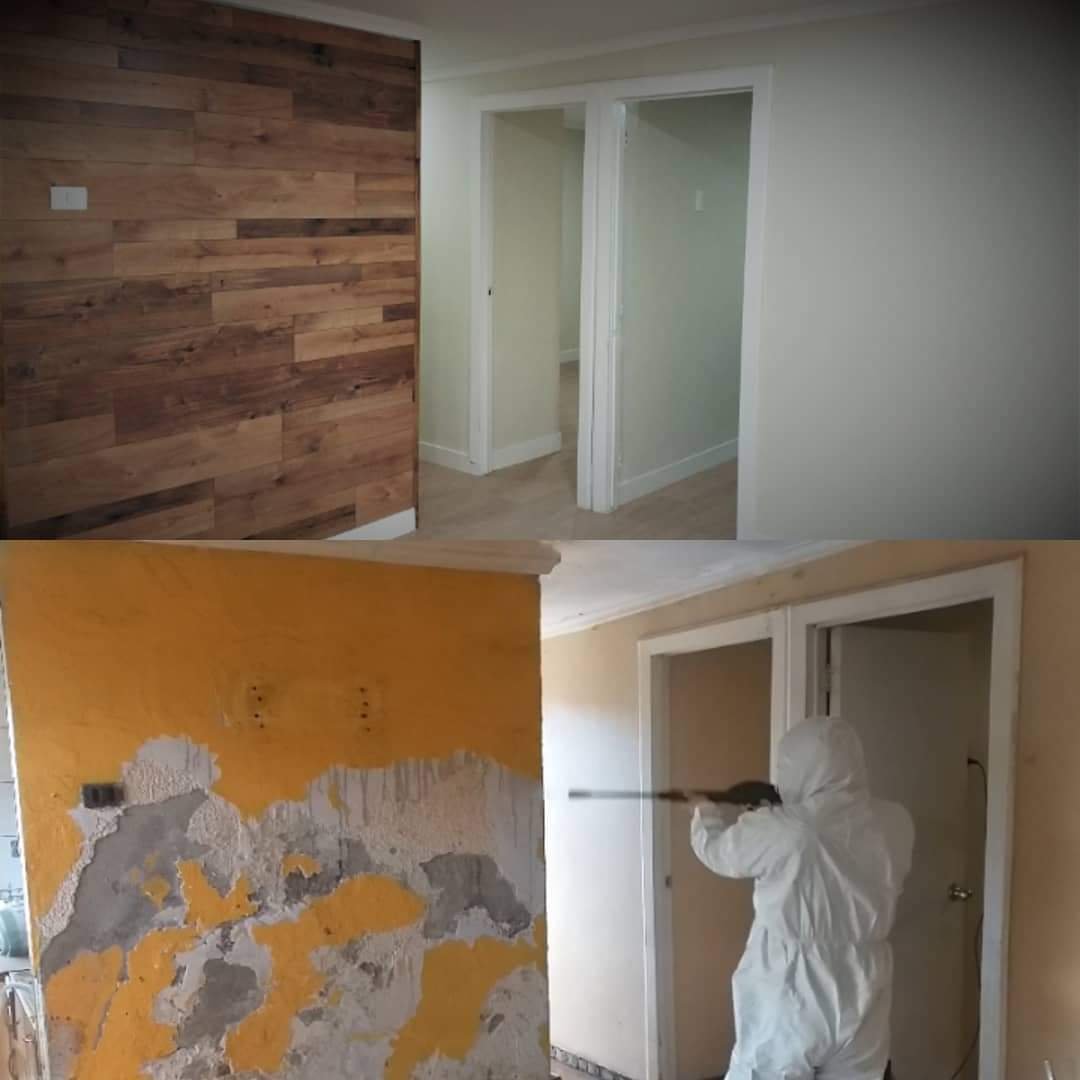 Antes y despues de retiro de papel mural y reparacion de muro, Vitacura